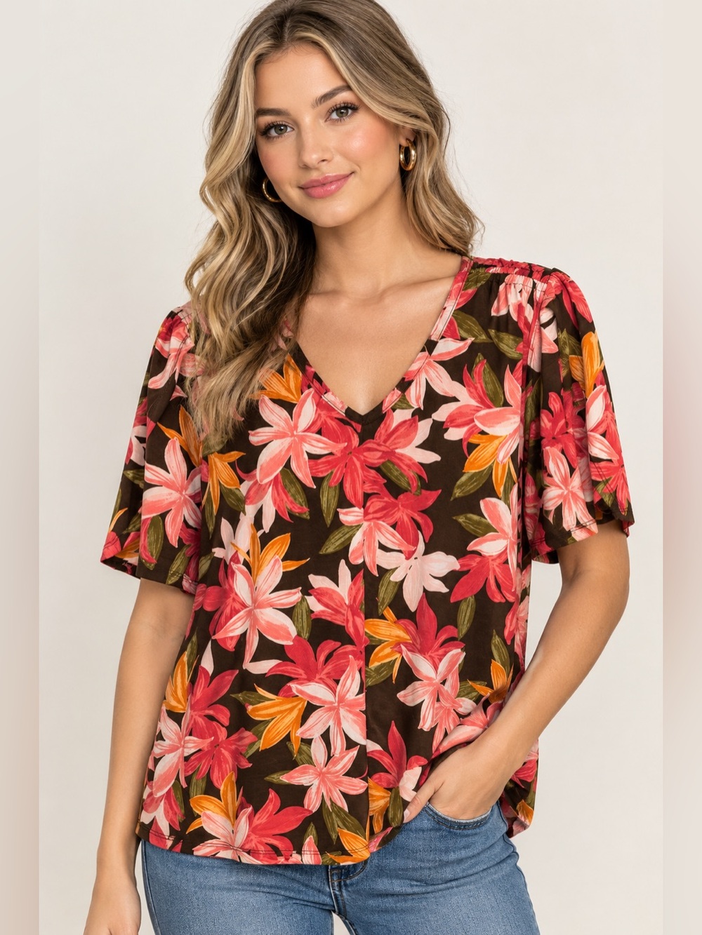 Chicos Floral Petal-Sleeve Voop Neck Tee